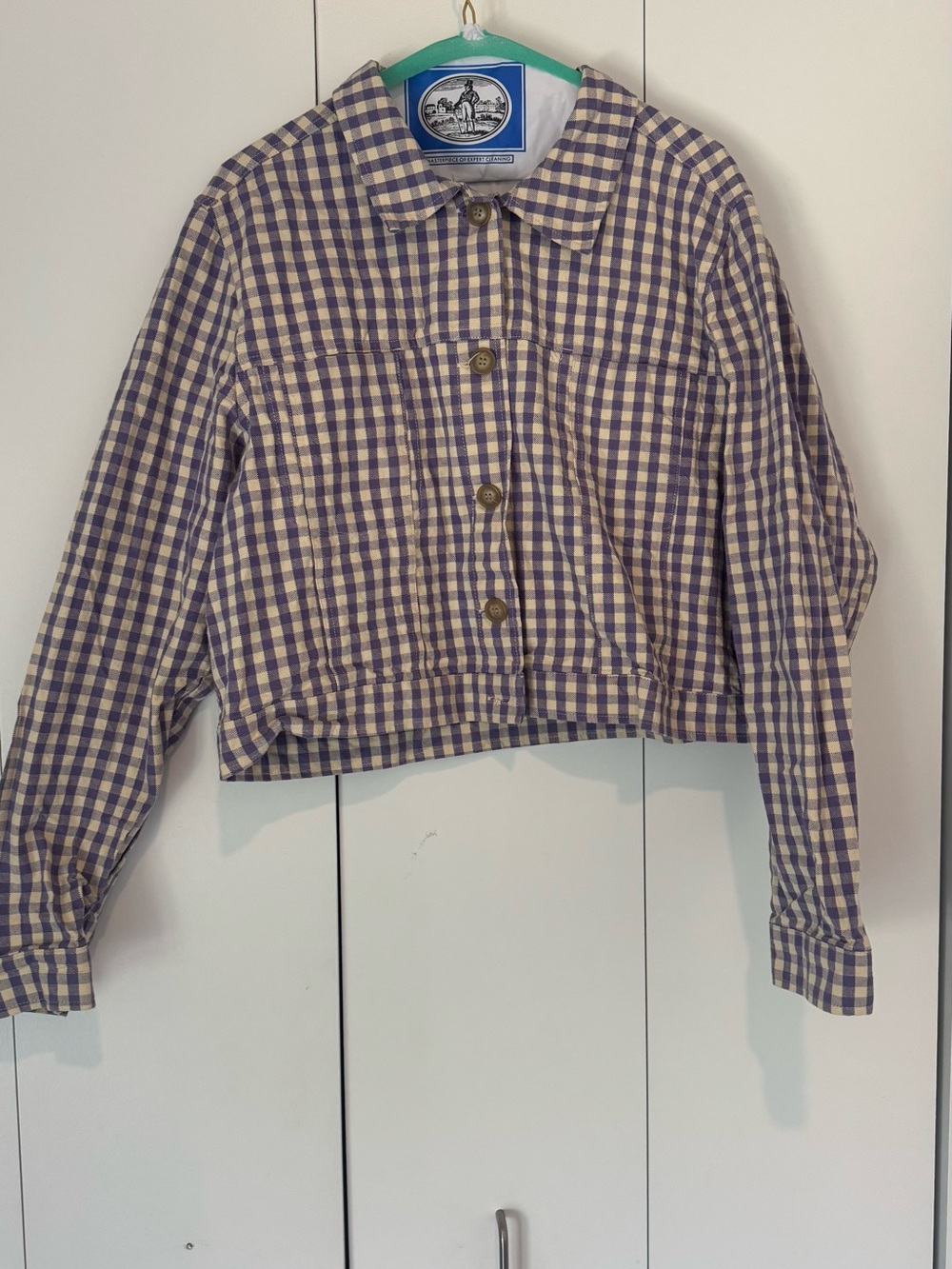 MONKI: Checked Button-Front Cropped Jacket in Cream/ Yellow and Purple - Picture 3 of 5